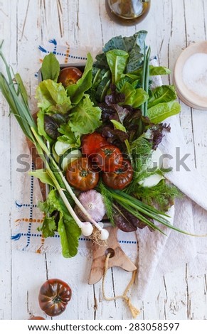 Rustic Composition of Farm fresh vegetables of garden. Healthy, vegetarian and garden food concept. Top view.