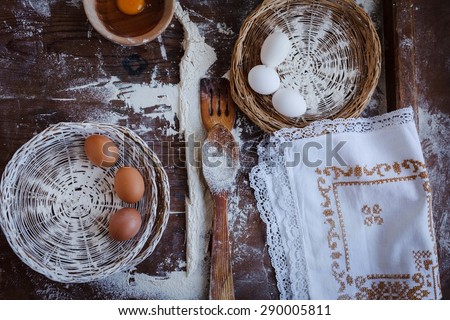 Antique, healthy, homemade and traditional food concept. Beautiful Rustic moody image from above.