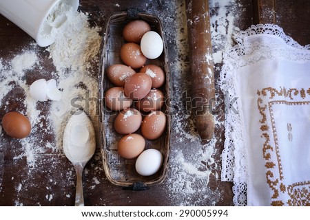 Antique, healthy, homemade and traditional food concept. Rustic moody image from above.