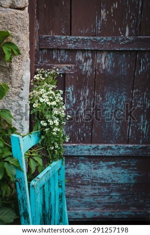 Bouquet of beautiful flowers served on shabby chic blue chair on a background of old door, copy text. Romantic, authentic and old-fashioned image concept. Rustic still life.
