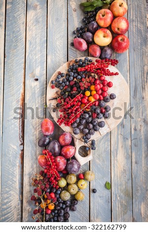 Decorative eco fruits and berries from  wooden background. Rustic style.