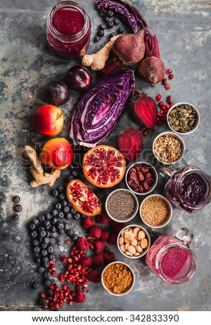 Purple smoothie bowl formula. Clean eating breakfast concept. Various purple and red veggies, fruit and superfoods and cereals ready to prepare smoothie bowl breakfast. Colorful food collage.