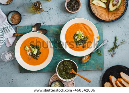 Sweet potatoes and butternut squash cream soup bowls. top view.
