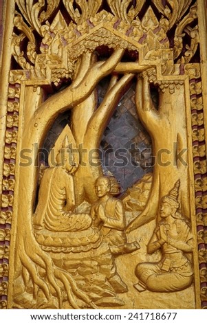 wood carving about Thai Buddha story art