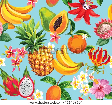 Hawaiian seamless pattern with tropical fruits and flowers. Vector illustration.