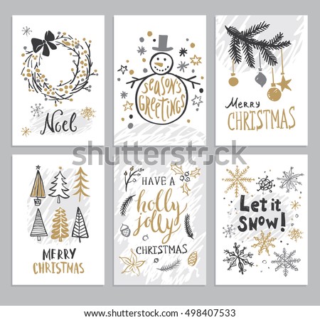 Christmas hand drawn cards with Christmas trees, snowman, snowflakes, fir branch, balls and wreath. Vector illustration.