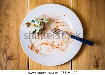 Empty dish after food on the table with wooden background