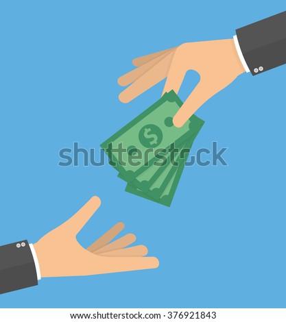 Hand giving money bills to another hand. Donation, charity or payday concept. Hand holding money bills. Flat style design
