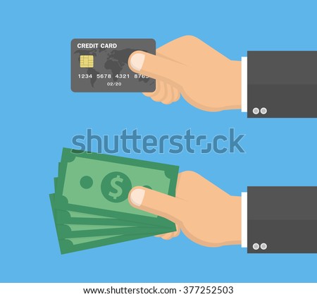 Hands holding credit card and money bills. Vector illustration in Flat style