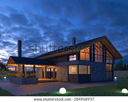 scandinavian house in the night render