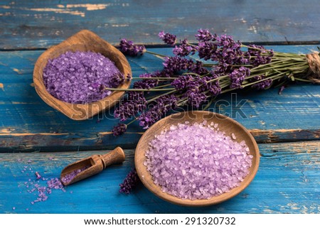 bowl of lavender bath salt and lavender flower - beauty treatment