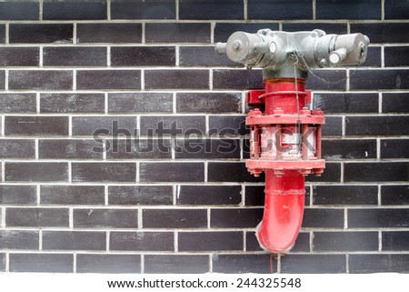 Red fire hydrant in the black brick wall