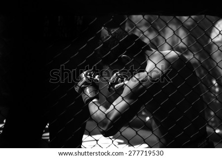 back view action of fighter fist in cage