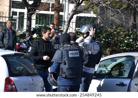 Marseille, France - February 9, 2015 : The Police seal off the district of La Castellane, in Marseille, after kalachnikov shots have been heard, on February 9, 2015.
