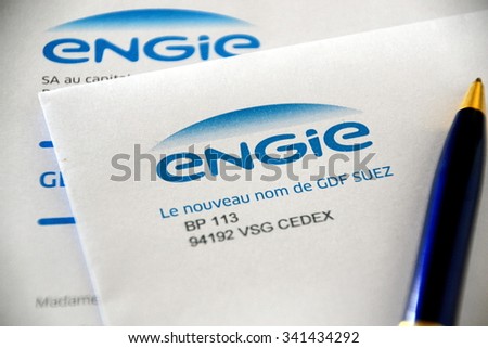 Paris, France â?? November 20, 2015 : This picture shows the new name of French electricity and gas company GDF SUEZ, Engie, on a letter.