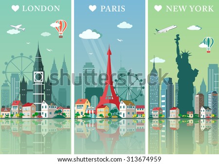 Cities skylines set. Flat landscapes vector illustration. London, Paris and New York cities skylines design with landmarks