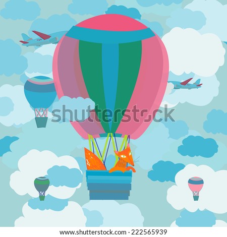 Cartoon illustration with fox in the sky on a balloon.