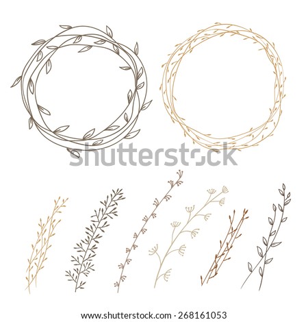 set of decorative doodle wreaths made of branches. two wreaths from plants and six different branches. background white.