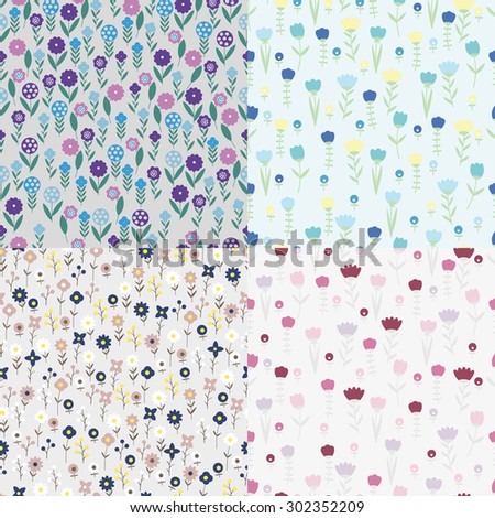 Set textile patterns of flowers. It includes various stylized flowers, tulips, daisies, buttercups. All are made in cold pastel colors. Blue-gray scale. Background options.