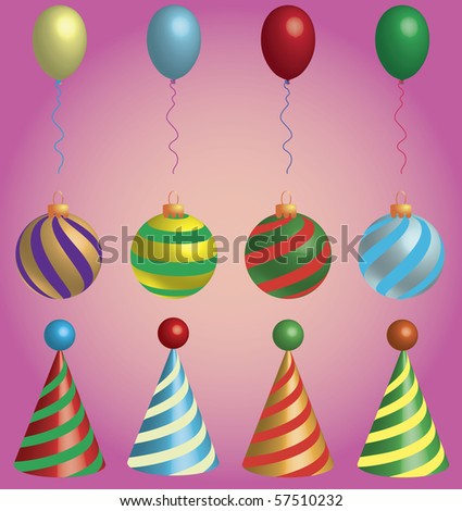 Holiday Christmas, birthday, celebration hat, globes, ornaments, balloons symbols.