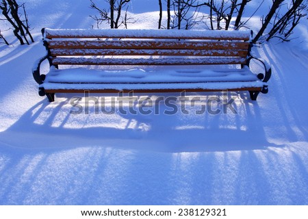 Lonely bench in snow in park in evening sunshine in the winter/ Lonely bench in snow