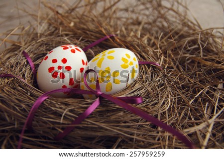 Two Easter eggs with bright drawing in a nest from a dry grass