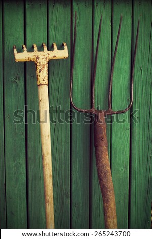 Old rake and pitchfork on a green wooden background. Old garden tools.