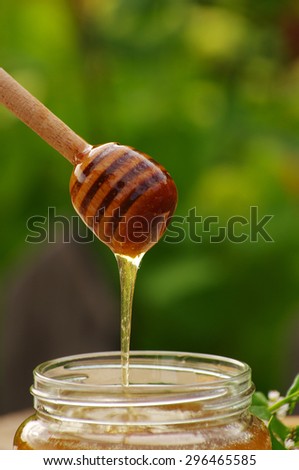 Honey flows down from a wooden honey stick in a glass jar on a beautiful grass green background