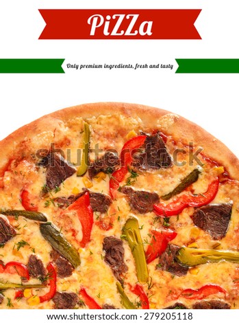 Pizza with beef, sweet pepper, cucumber, sweet corn, cheese and greens close-up, selective focus, macro. Italian cuisine.