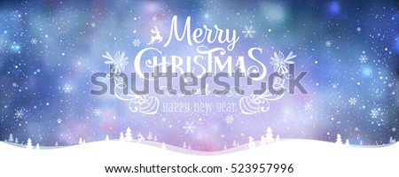 Merry Christmas and New Year typographical on holidays background with winter landscape with snowflakes, light, stars. Vector Illustration. Xmas card