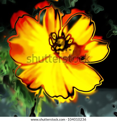 art glass floral colorful background with one gold flower on green texture