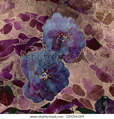 art grunge floral vintage watercolor background in purple and blue colors with roses on old paper textured basis