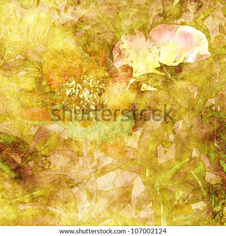art grunge floral vintage autumn background with roses peonies on green, brown and gold colors
