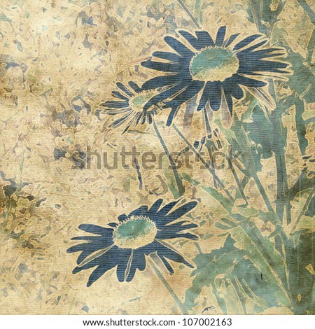 art grunge floral vintage sepia background with green sketchy chamomile