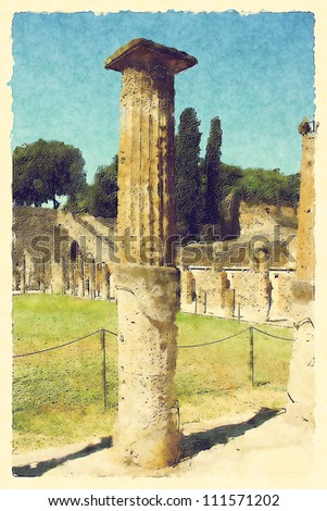 art background with europeans antique town, Ruins of columns, Pompeii, Italy