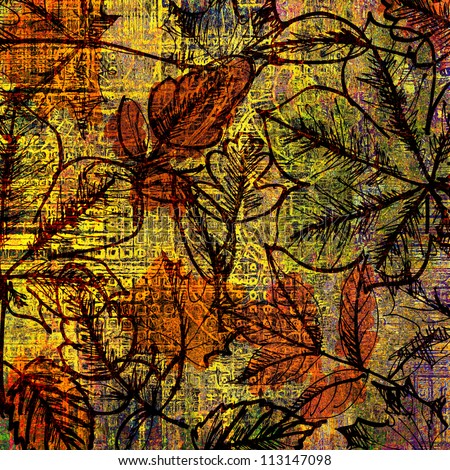art old golden leaves autumn background card with orange, green and black blots and graphic
