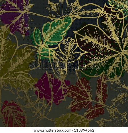 art watercolor and graphic bright yellow autumn leaves pattern on dark green background card