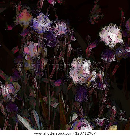 art grunge floral vintage dark purple and plum watercolor and graphic background with white and lilac irises