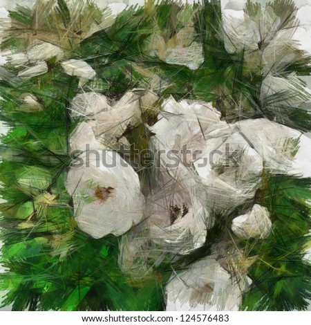 art grunge floral vintage background with white roses, drawing with color pencils