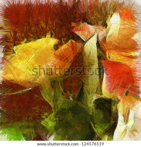 art grunge floral vintage background with yellow roses, drawing with color pencils
