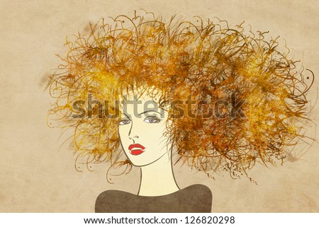 art colorful painting beautiful girl face with gold hair on sepia background