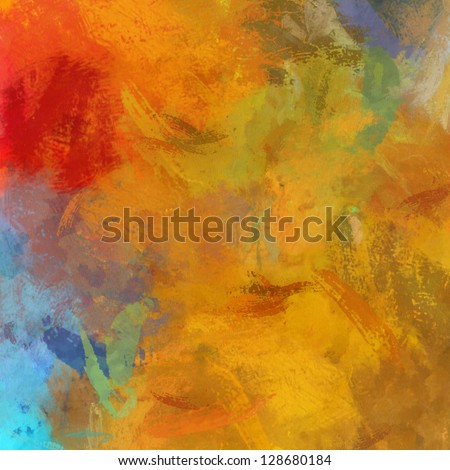 art abstract painted orange and gold background with yellow, red, blue, green and brown blots