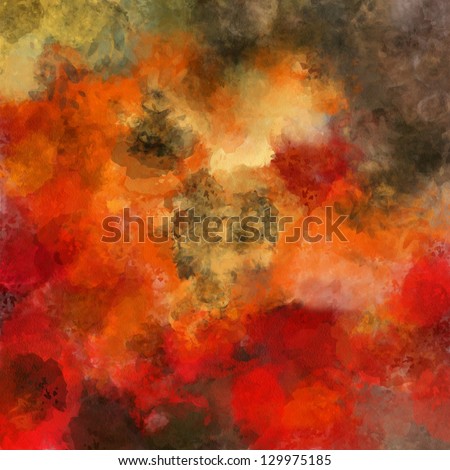 art abstract painted bright red background with orange, old gold and brown blots