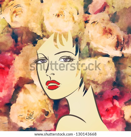 art colorful sketching beautiful girl face on sepia background