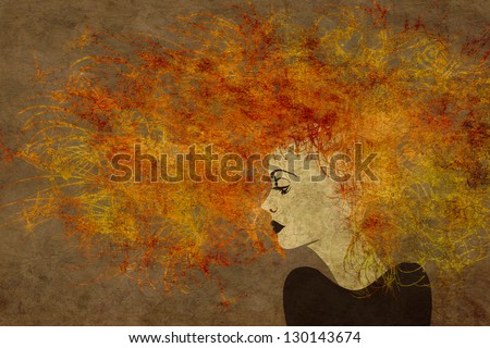 art colorful painting beautiful girl face with red curly hair on brown background
