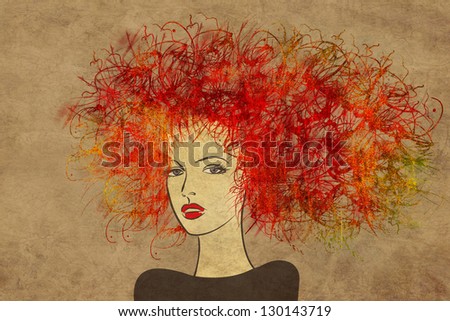 art colorful painting beautiful girl face with red hair on sepia background
