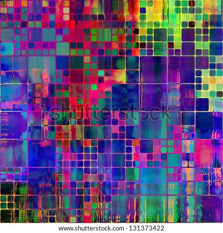 art abstract rainbow geometric pattern, watercolor tiled background with blue violet, fuchsia, pink, red, yellow gold and green colors