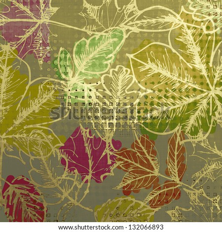 art graphic autumn leaves background in golden, yellow, purple, olive and grey green colors