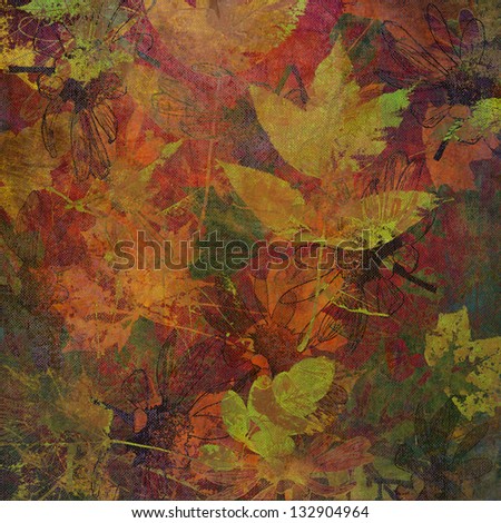 art watercolor and graphic golden autumn leaves background, card in gold, yellow, orange, red, brown and green colors