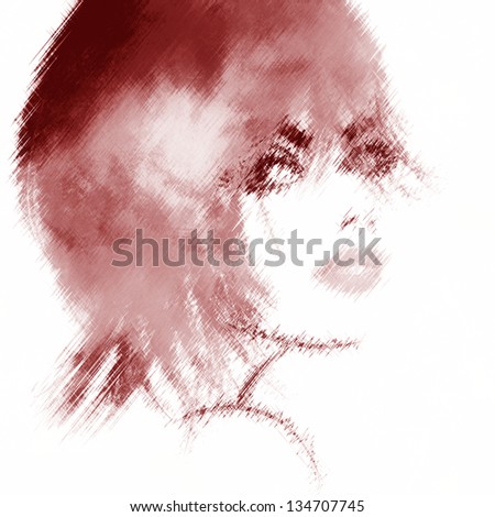 art red-brown monochrome sketched beautiful girl face with straight hair isolated on white background